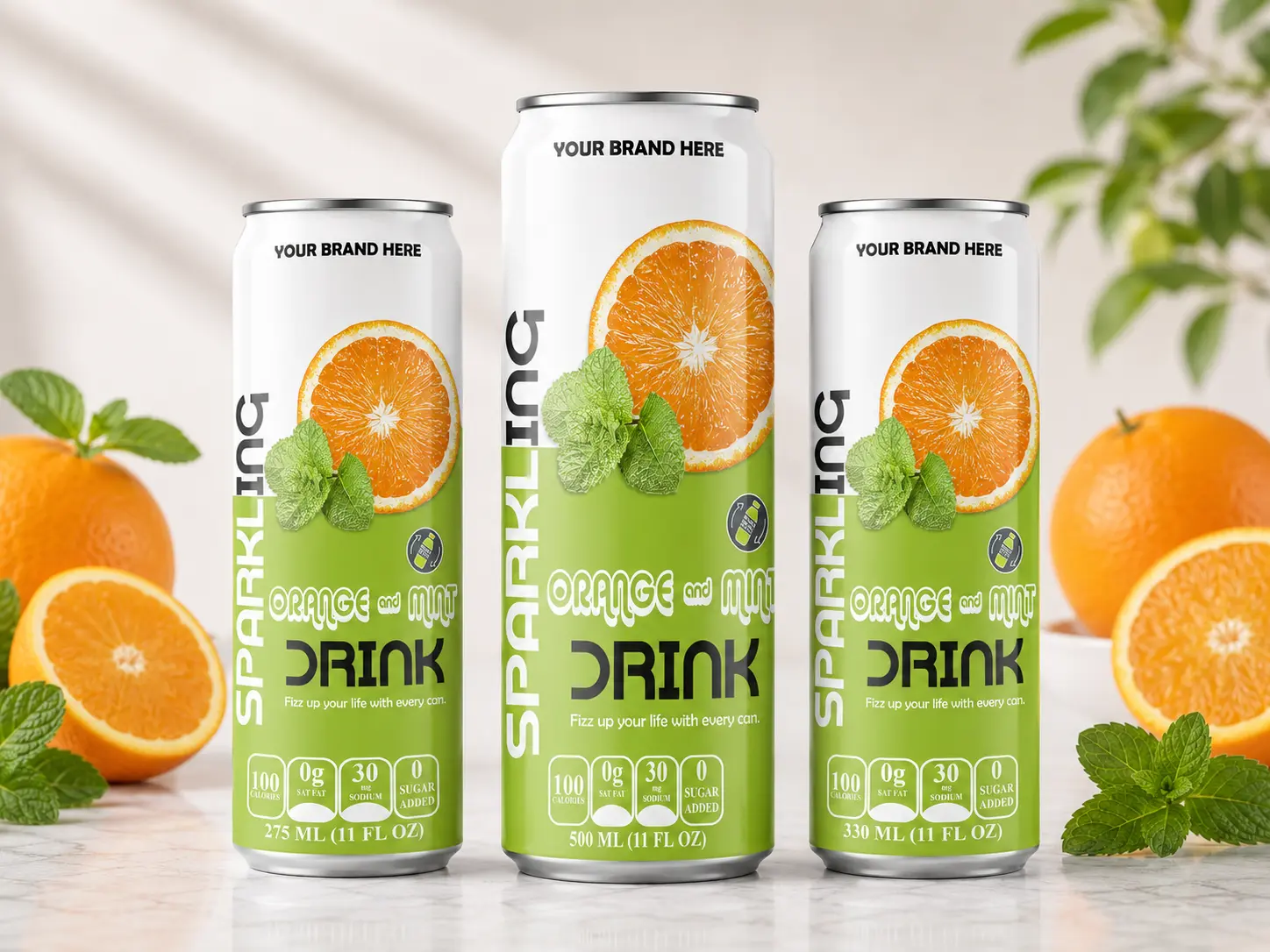 SPARKLING DRINK Orange and Mint Flavored Drink in 275ml, 500ml, and 330ml cans.
